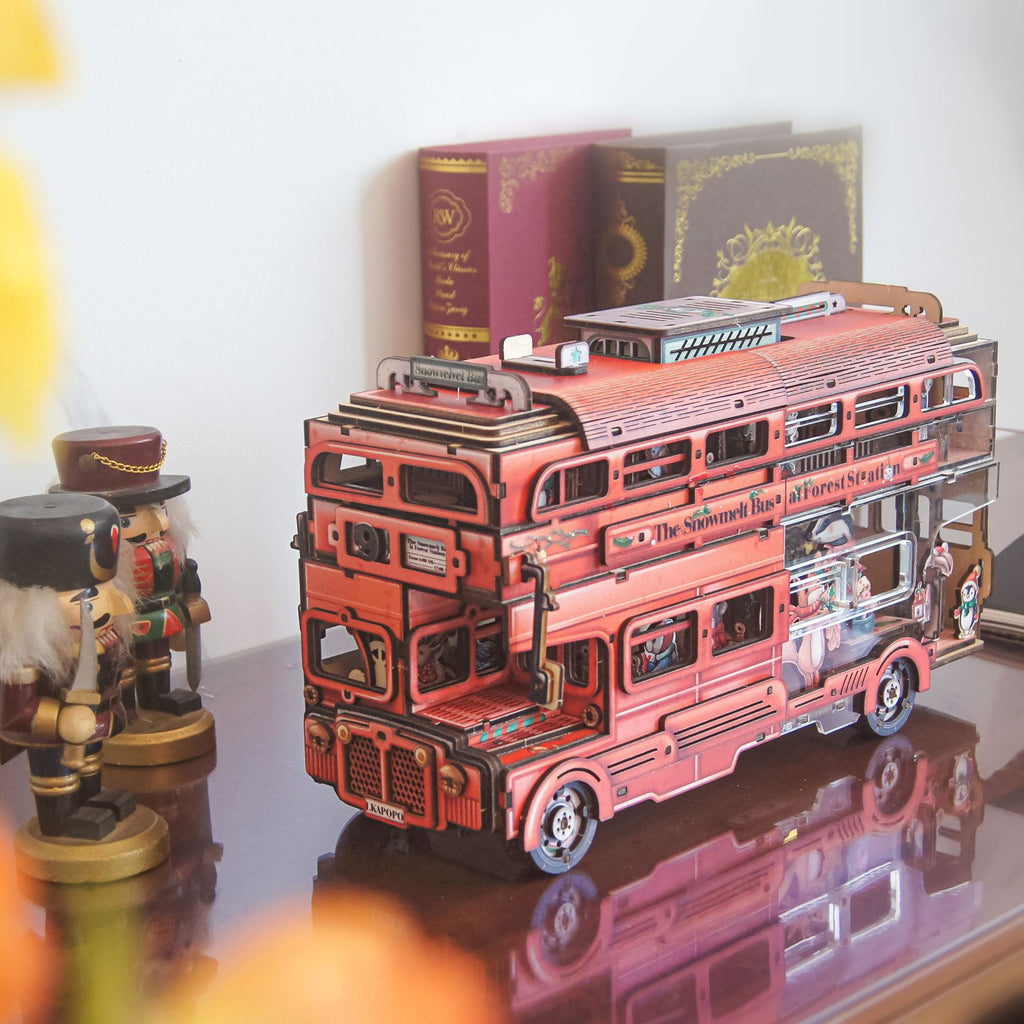 LKAPOPO double-layer velvet bus 3D three-dimensional puzzle wooden handmade DIY mosaic toy model assembly