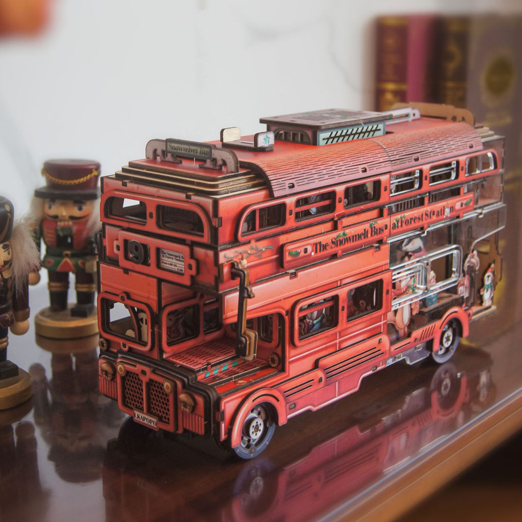 LKAPOPO double-layer velvet bus 3D three-dimensional puzzle wooden handmade DIY mosaic toy model assembly