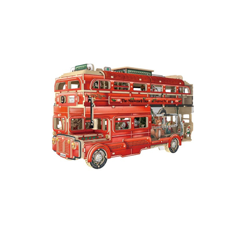 LKAPOPO double-layer velvet bus 3D three-dimensional puzzle wooden handmade DIY mosaic toy model assembly